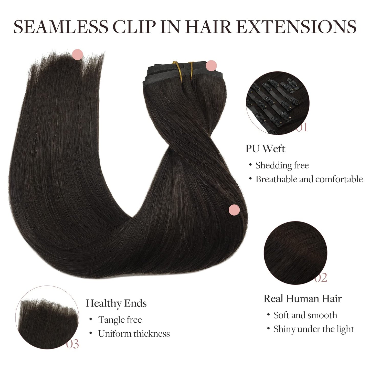 MAXITA Clip in Human Hair Extensions, 16 Inch 130g 7pcs Dark Brown, Seamless Real Remy Natural Straight