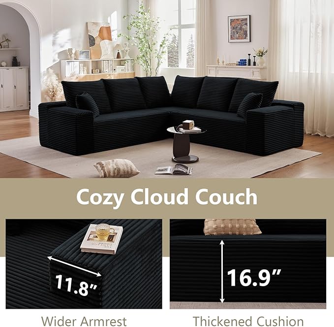 Sectional Cloud Couch for Living Room, Modular Floor Deep-Seat Sofa, Big Comfy Corduroy Couches Set with Fluffy Memory Foam, Stupendous L Shaped Sofas with Chaise, No Assembly Required, Black