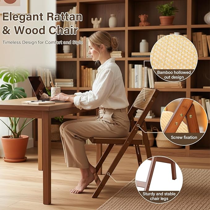 Furlide Rattan Folding Chair, Modern Mid Century Dining Chairs Set of 1, Comfy Outdoor Bamboo Chairs for Bedroom Living Room Reading Room Dining Kitchen, Walnut