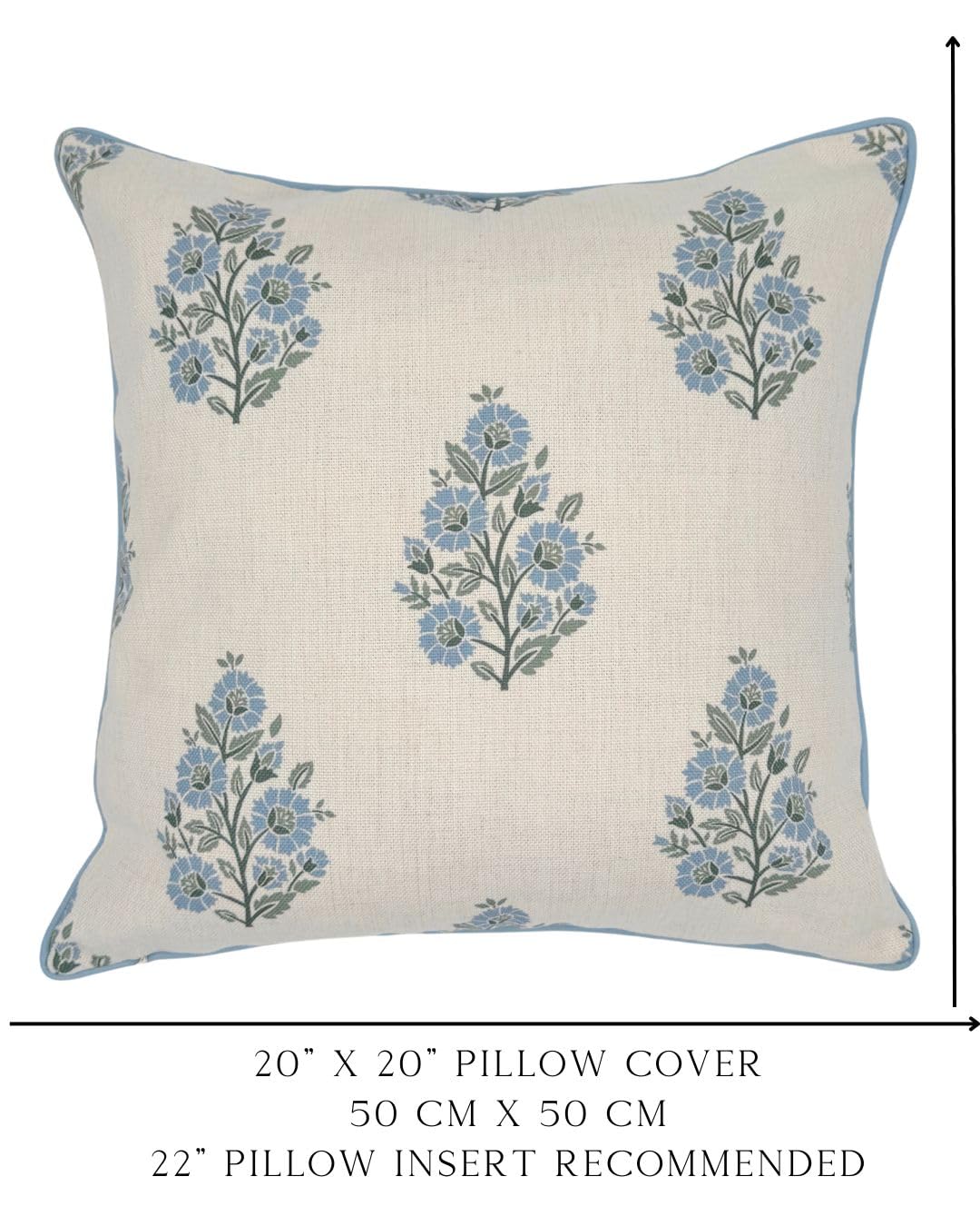 Jillien Harbor “The Camille” Floral Block Print Pillow Cover – Soft Blue and Off-White Decorative Throw Pillow Cover – Grandmillennial Home Decor, 20" x 20"