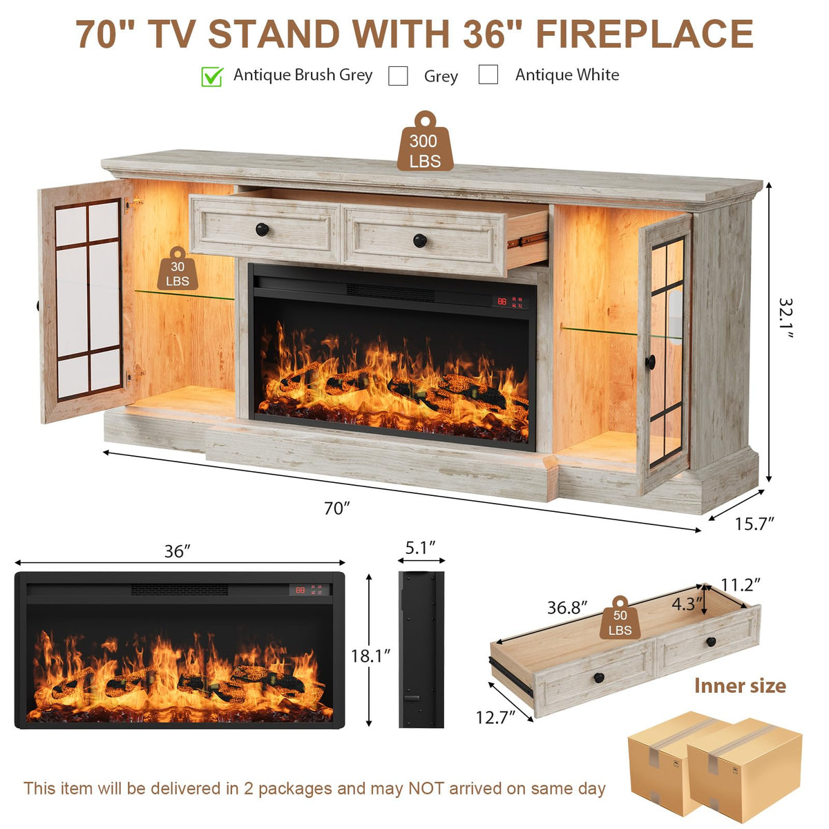 Fireplace TV Stand Up to 80" TVs, 70'' Modern Entertainment Center with 36" Electric Fireplace & LED Lights, Farmhouse Media Console with Storage Cabinet & Drawer for Living Room, Antique Brush Grey