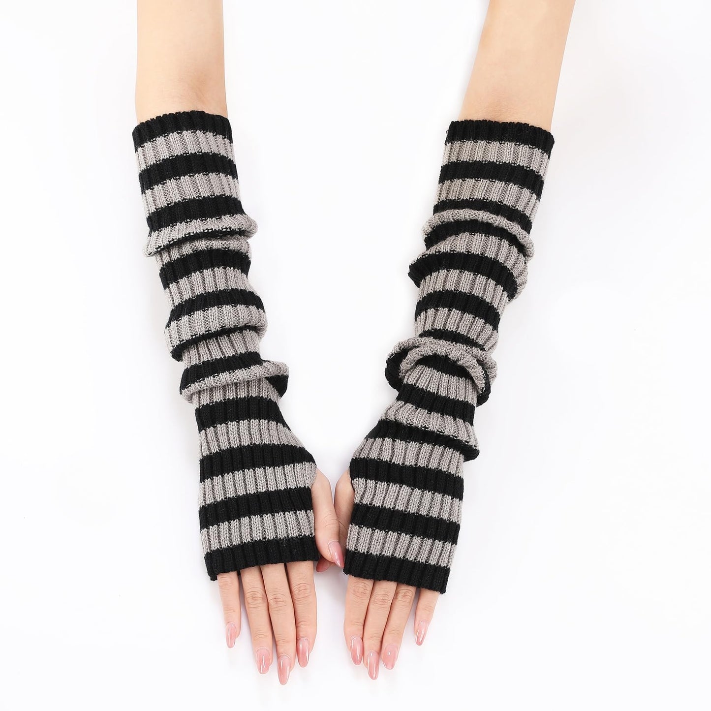 Pangogogo Punk Gothic Rock Striped Arm Warmers Y2k & Emo Accessories (Grey)