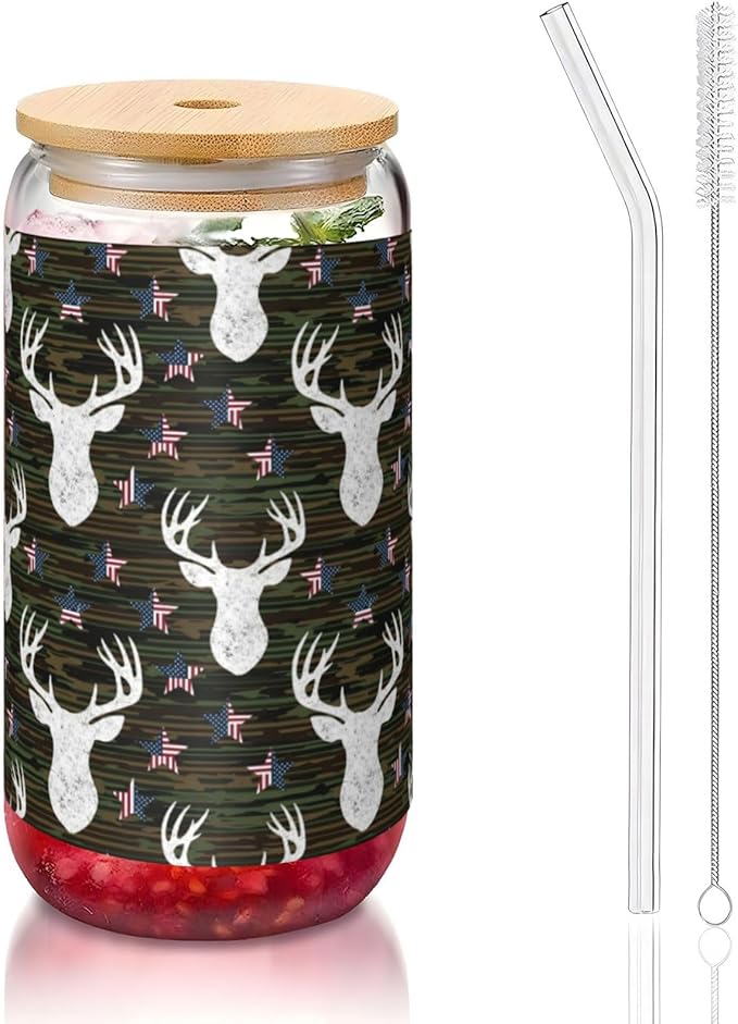 PPIKTC 16oz Borosilicate Tumbler with Lid & Glass Straw, Cool Deer Camo Camouflage American Flag Hunting Black, Hot/Cold D...