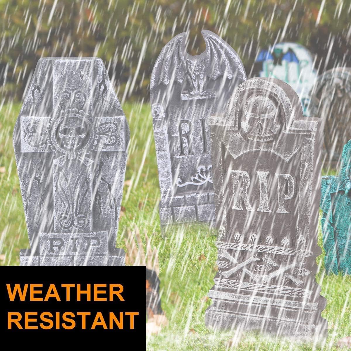 Sizonjoy AYOGU 17” Halloween Foam RIP Graveyard Tombstones, 5 Pack Tombstone with 10 Metal Stakes for Halloween Decorations