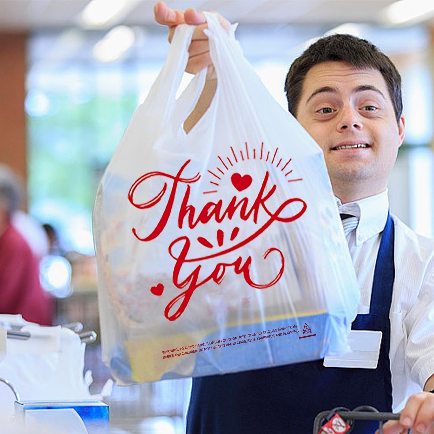 TGEONIX 300 Pack Upgraded White Thank You T-Shirt Bags - 11.5"x6.5"x21" Reusable Grocery Bags with Handles, Eco-Friendly Retail Packaging for Supermarket & Small Business