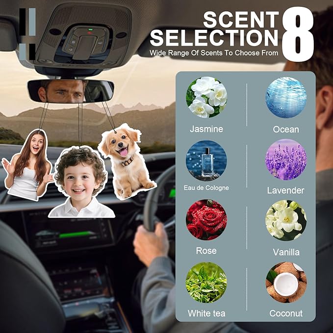 Personalized Double-Sided Car Air Freshener - Custom Photos & Text - 100% Natural Biodegradable Cotton - Long-Lasting Fragrance - 20+ Scents for Car, Home, Gifts