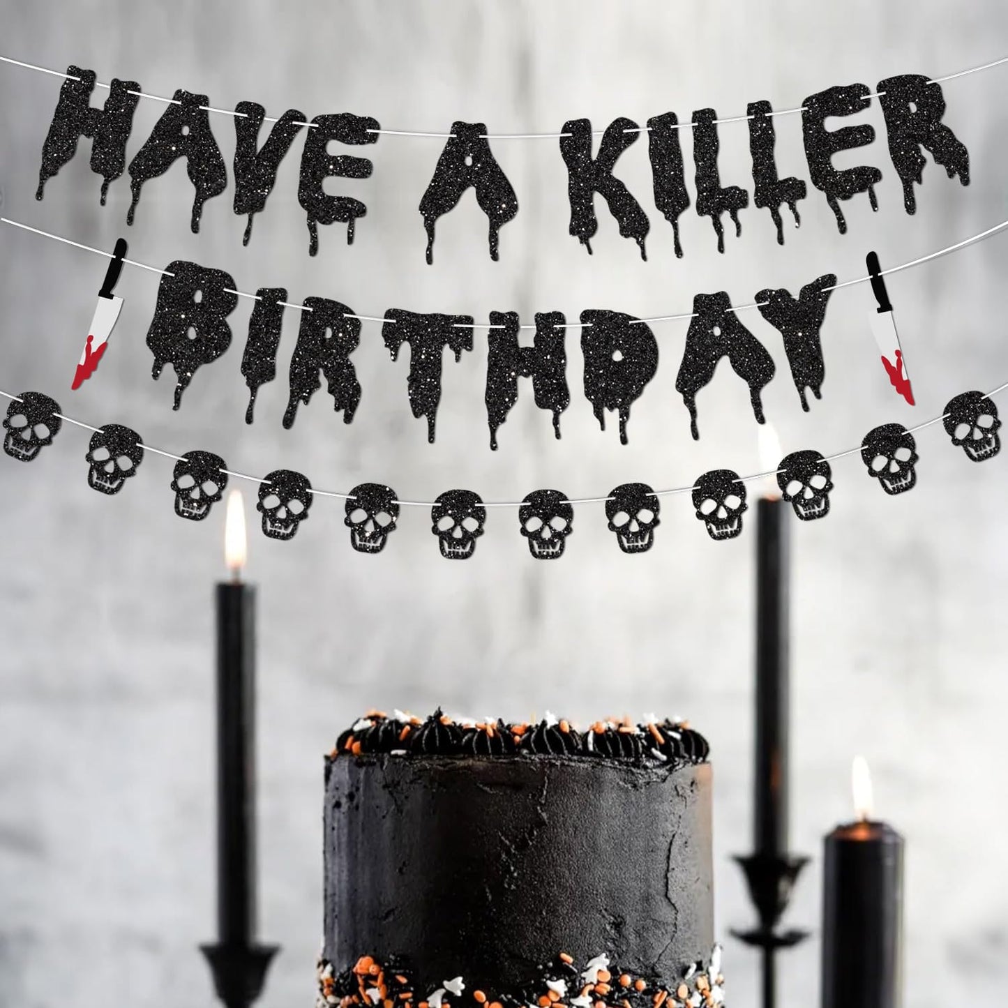 Glitter Have a Killer Birthday Decorations Banner Black Halloween Skull Banner Horror Movie Party for Halloween Haunted House Party Decorations Theme Baby Shower Supplies