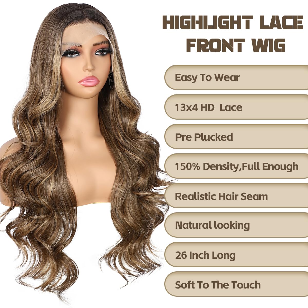 BABEHERS Highlight Brown Lace Front Wig for Women 13x4 Body Wave Synthetic Wigs Pre-plucked Long Wavy 150% Density Heat Resistan