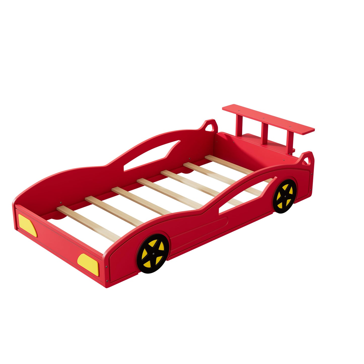 Twin Size Bed Frame for Kids, Twin Floor Bed with Rails, Wooden Race Car Bed, Car-Shaped Platform Twin Bed with Wheels,Mattress Foundation,Wood Slat Support, No Box Spring Needed, Red