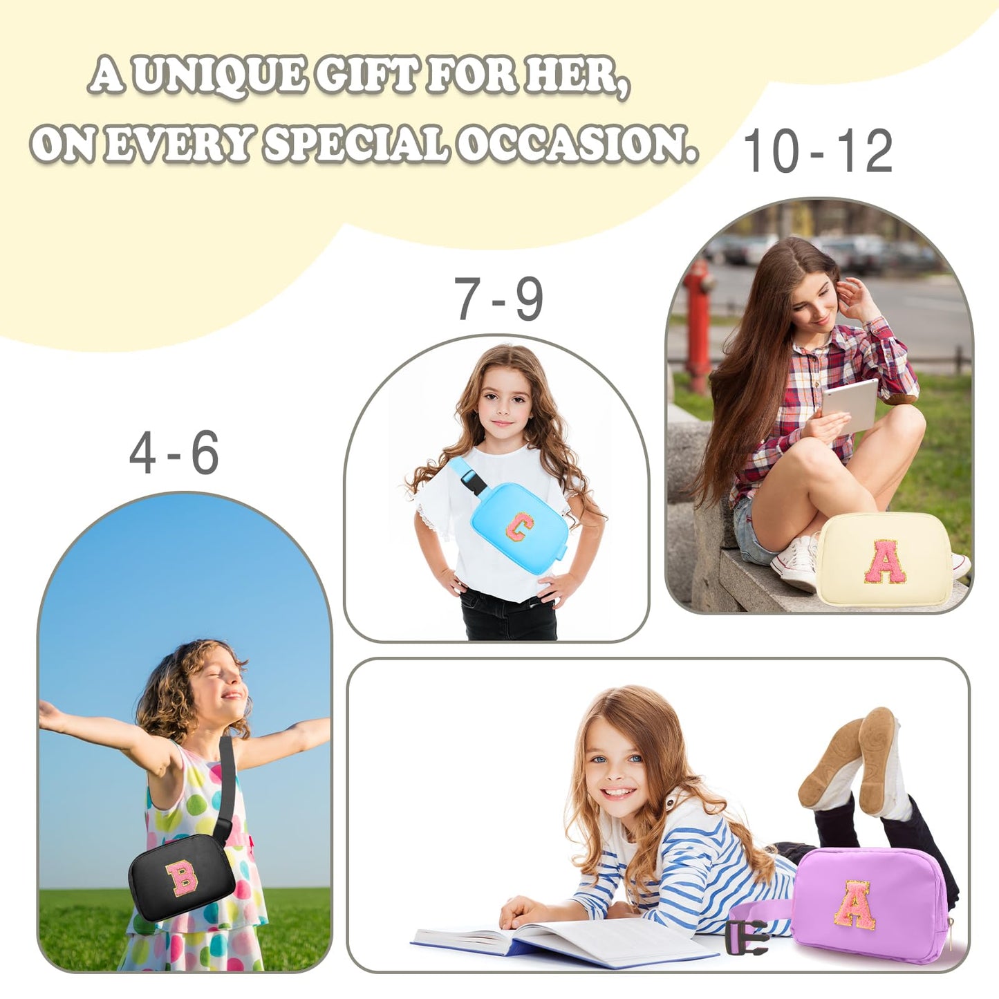 Birthday Gifts for 4 5 6 7 8 9 10 11 12 13 Year Old Girls, Crossbody Bags Fanny Pack with Initial Letter Patch Cute Stuff for Women Girls Teens (A, Cream)