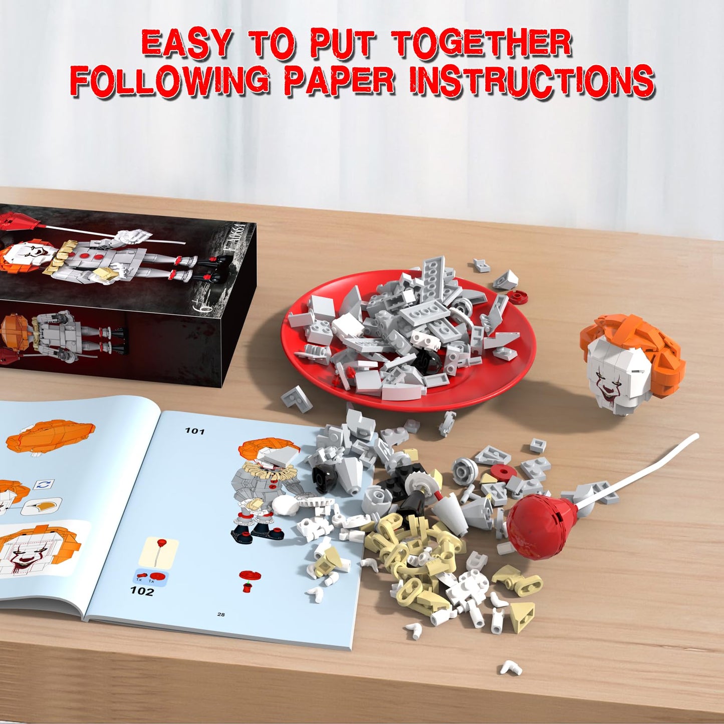 aphpaio Pennywise Clown Building Set, Horror IT Movie Merchandise Figure Building Kit, Creative Halloween Collectible Birthday Gift for Kids Teens Adults (299Pcs)