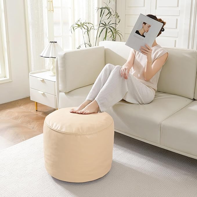HIGOGOGO Round Stuffed Pouf Ottoman, Pu Leather Poufs with Foam Chunk Filling, Furry and Fluffy Pouf Foot Stool Storage Ottoman, 20 X 15 Floor Poufs Foot Rest for Living Room, Beige
