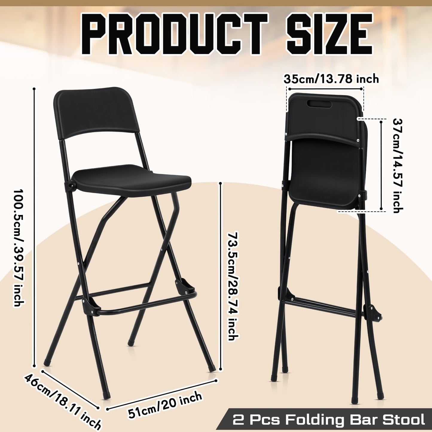 Sintuff 2 Pcs Folding Bar Stool with Back Tall Foldable Stool Chair Portable High Folding Bar Chair Counter Height Seat for Kitchen Island Shop Cafe Dining Room (Black)