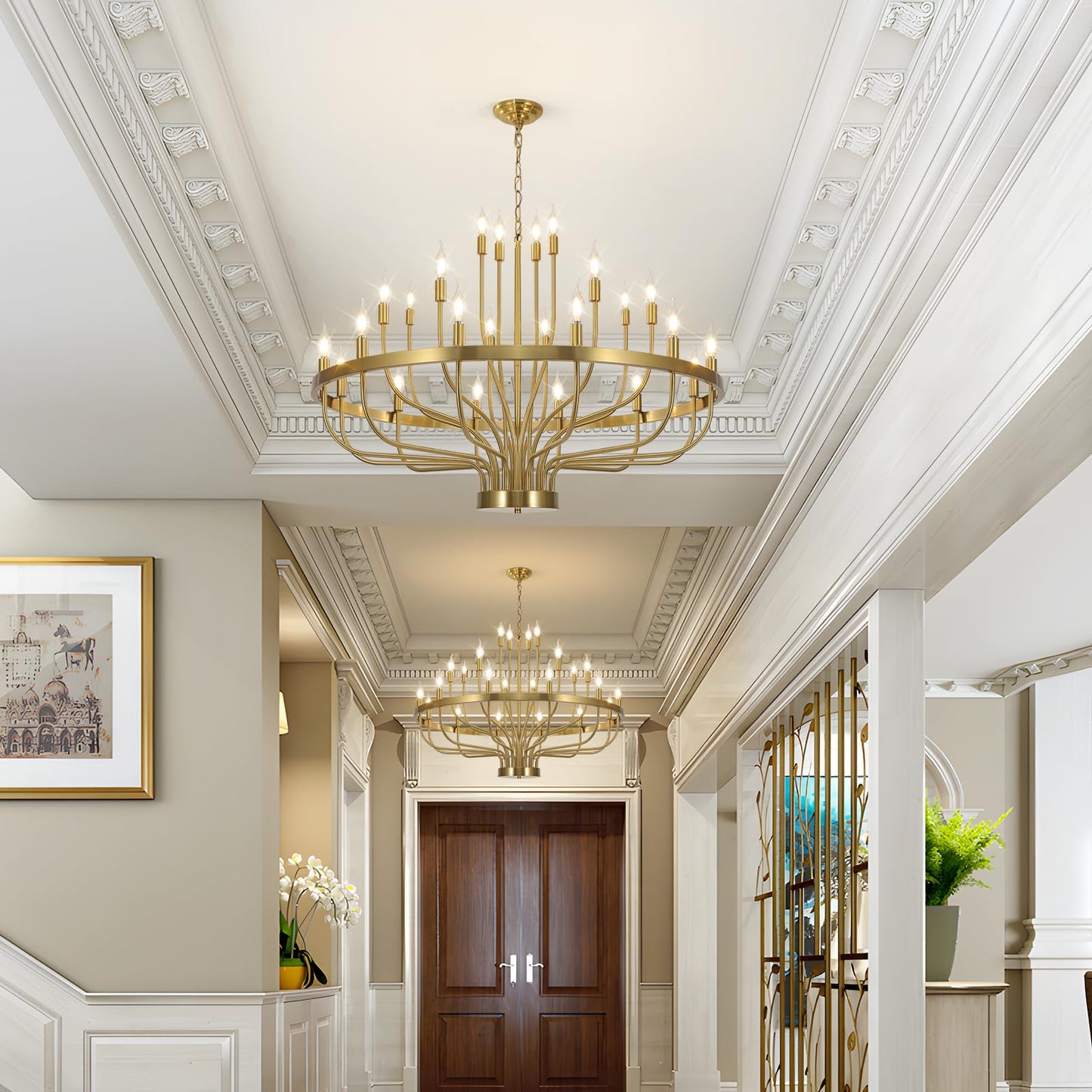 Gold Chandelier 24 Light Large Chandelier for High Ceilings, Farmhouse Wagon Wheel 39in 3-Tier for Dining Room, Hallway, Living Room, Foyer