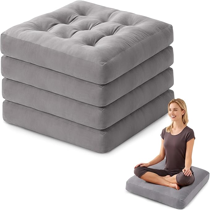 SM-XLHN Meditation Floor Pillow Set of 4, Square Large Pillows Seating for Adults, Meditation Cushion Pillow,Tufted Corduroy Cushion for Tatami Living Room or Yoga, Light Gray, 22x22 Inch