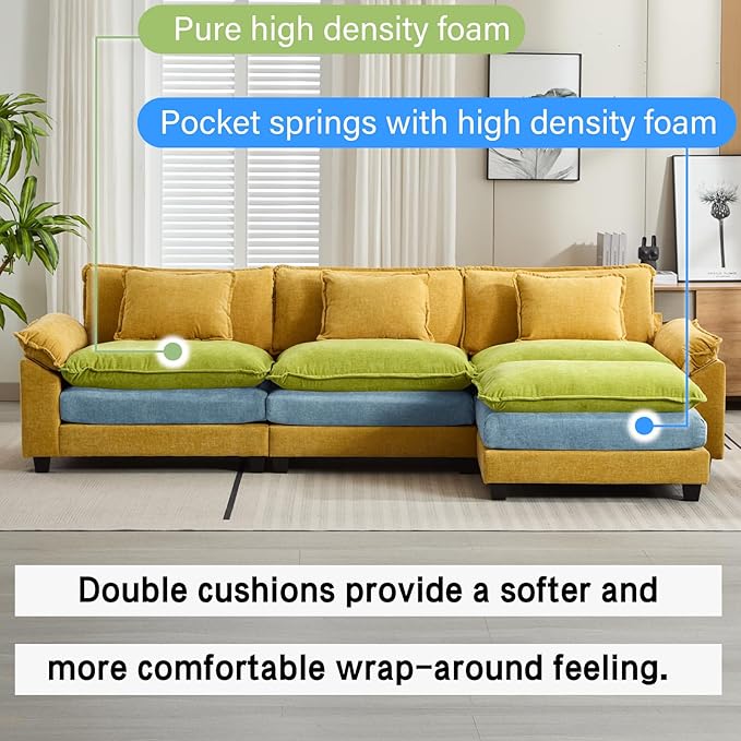 Oprisen 120" Modular Sectional Sofa, Comfy Cloud Couch Sectional Sofa with Ottoman, Chenille Sofa Sleeper Deep Seat Sofa with Throw Pillows for Living Room (Yellow, 120"- L Shape)