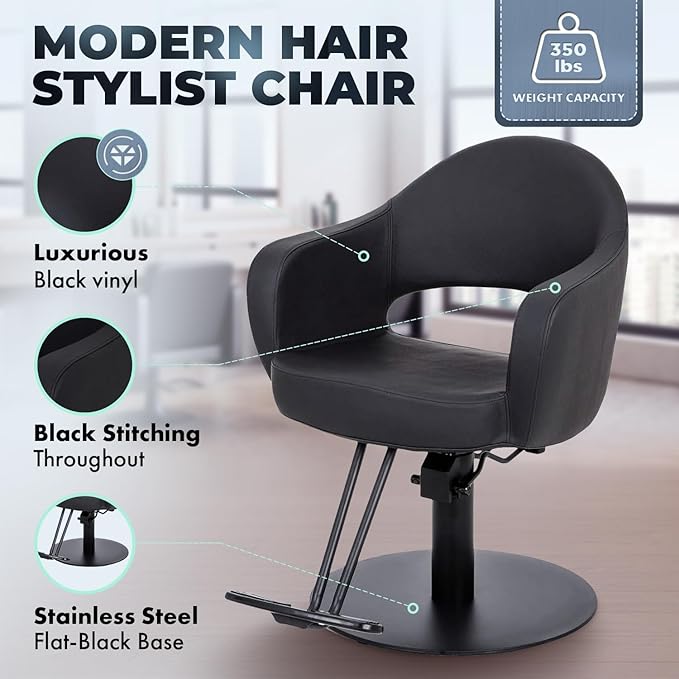 Buy-Rite Cleo Professional Salon Styling Chair & Barber Chair – All Black Vinyl w/Black Stitching, Easy-Clean Crevice-Free Seat, Flat Round Base, Heavy-Duty Build – YLG-376