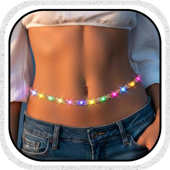 Fstrend Light Up Waist Chain Gold Rhinestone Belly Chains Sparkly Crystal Night Club Party Glowing Body Accessories for Women