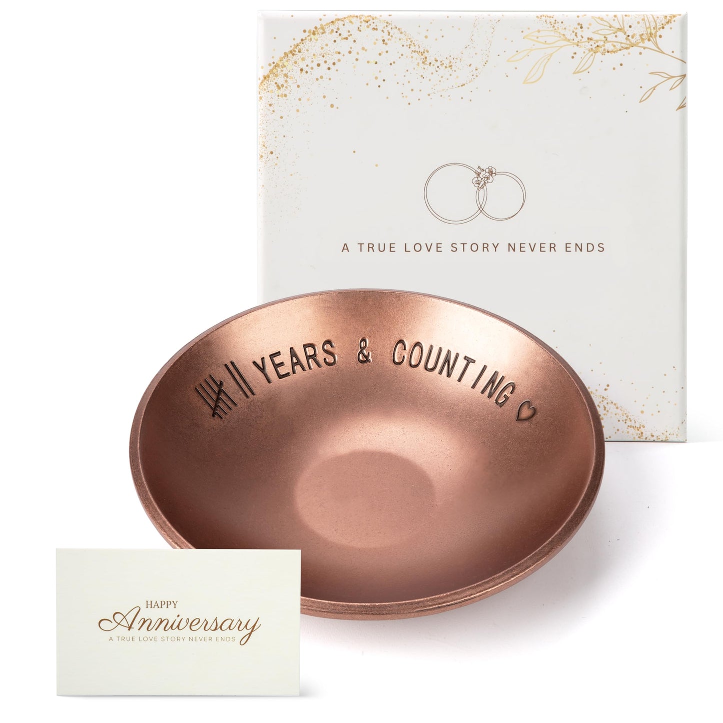 Urllinz 7 Year Anniversary Copper Gifts for Him Her - 7th Anniversary Jewelry Tray for Men Women Wife Husband Couple, Ring Holder Dish & Card & Gift Box, 4"