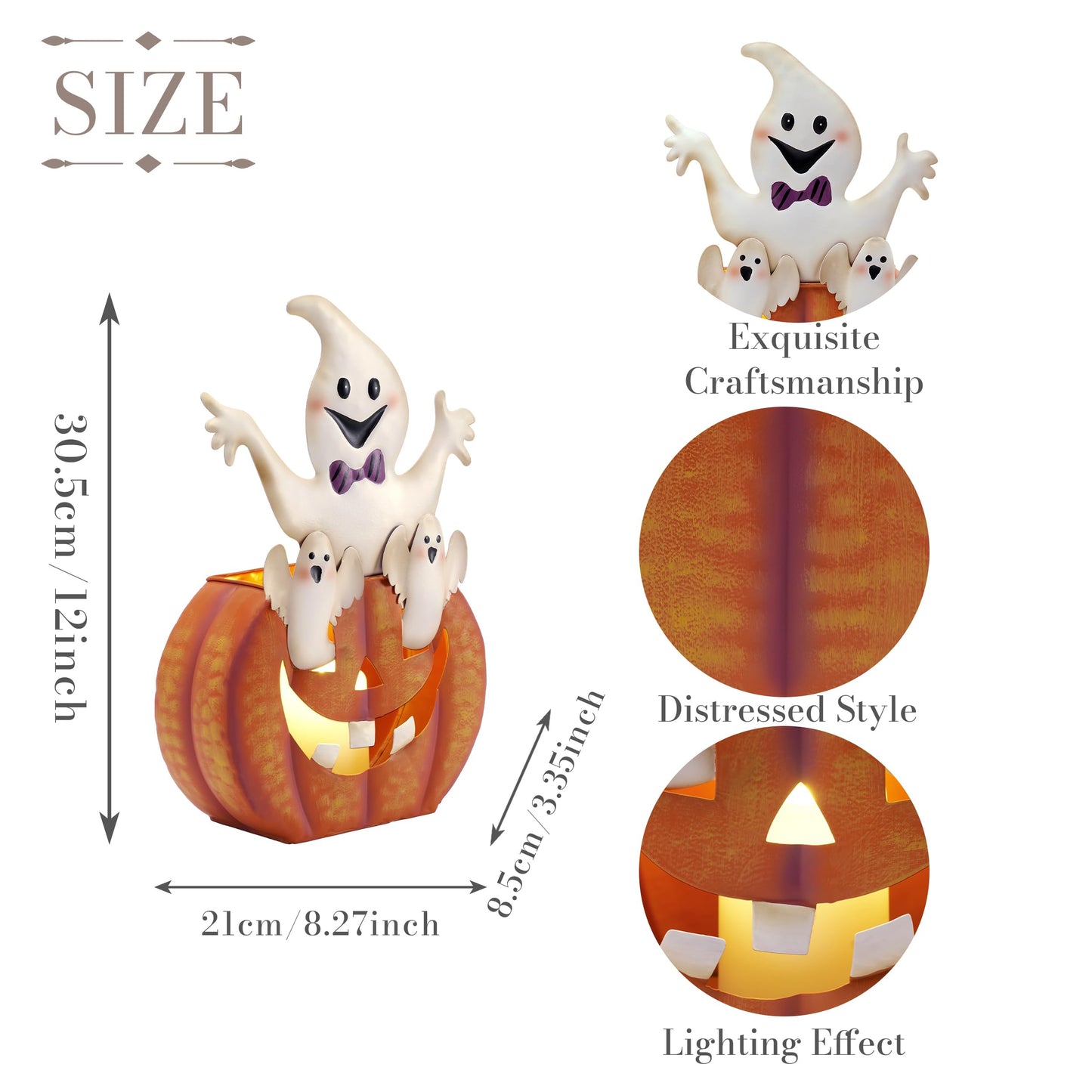 TERESA'S COLLECTIONS Halloween Decorations, Ghost and Pumpkin Halloween Decor, Large Ghost and Orange Jack O Lantern with Light, 12", Metal Outdoor Garden Statue, Indoor/Outdoor