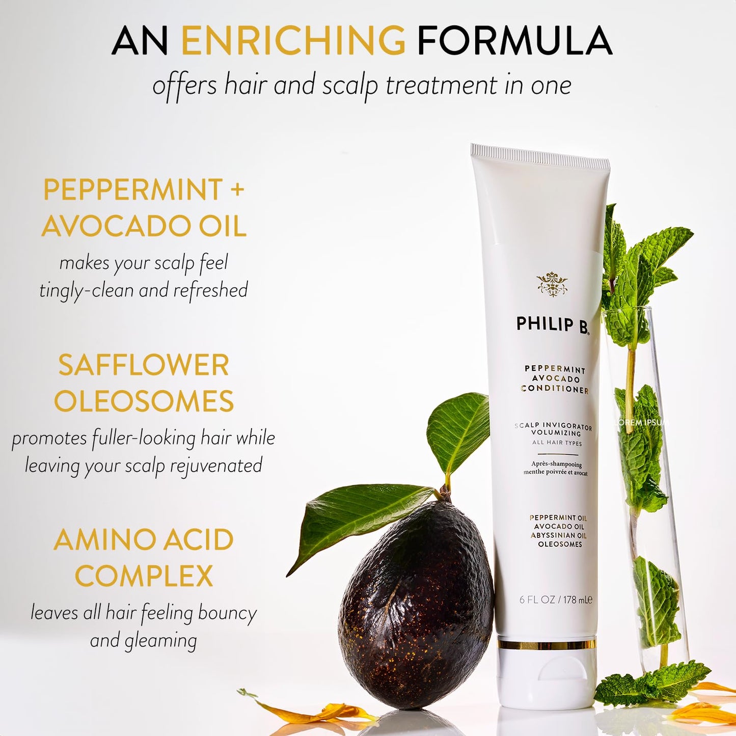 PHILIP B Peppermint Avocado Conditioner, 6 fl. oz. (178 ml) - Adds Volume to Hair While Peppermint Oil and Eucalyptus Invigorate