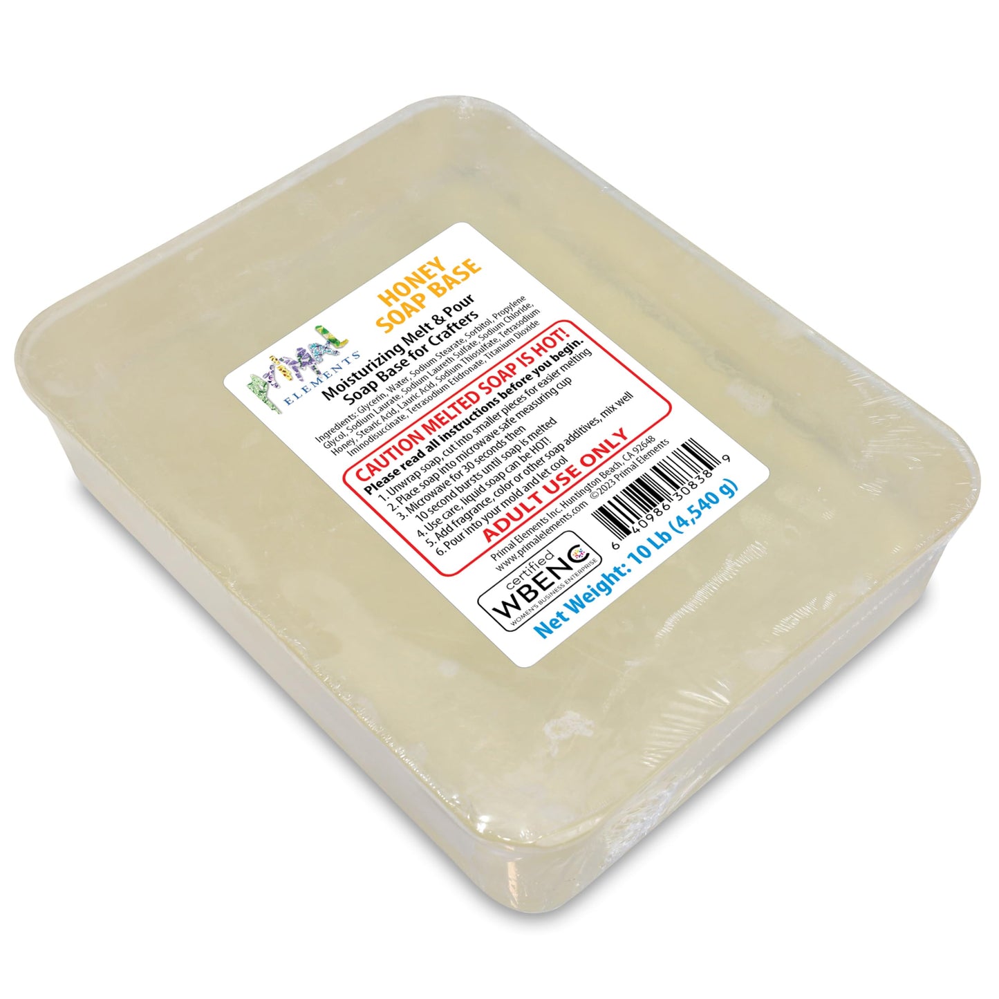 Primal Elements Honey Soap Base - Moisturizing Melt and Pour Glycerin Base for Crafting and Soap Making, Easy to Cut - 10 Pound