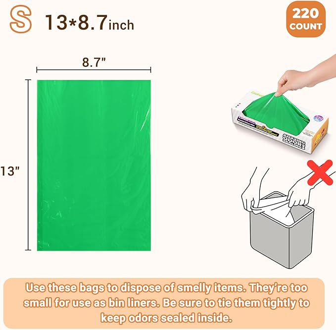 Odor-Sealing Dog Poop Bags 220 Count, Extra Strong Odor Control, Mutil-Layer Unscented Pet Waste Bags with Leak-Proof Design, Ideal for Dog Walks & Backyard Cleanup (Size:S, Color:Green)