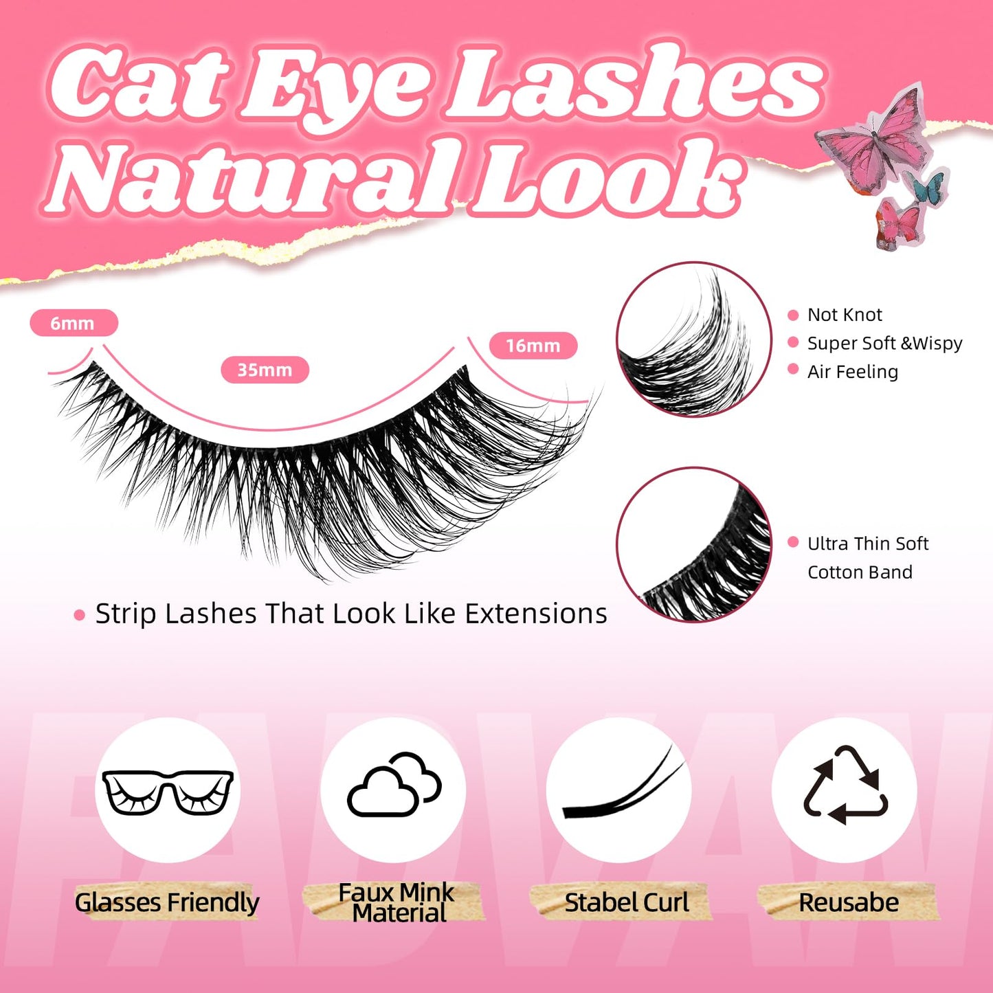 Natural Cat Eye Lashes Wispy False Eyelashes Thin Cotton Band Soft Mink Lashes Natural Eye Lashes Kit with Clear Glue Pack 10 Pa