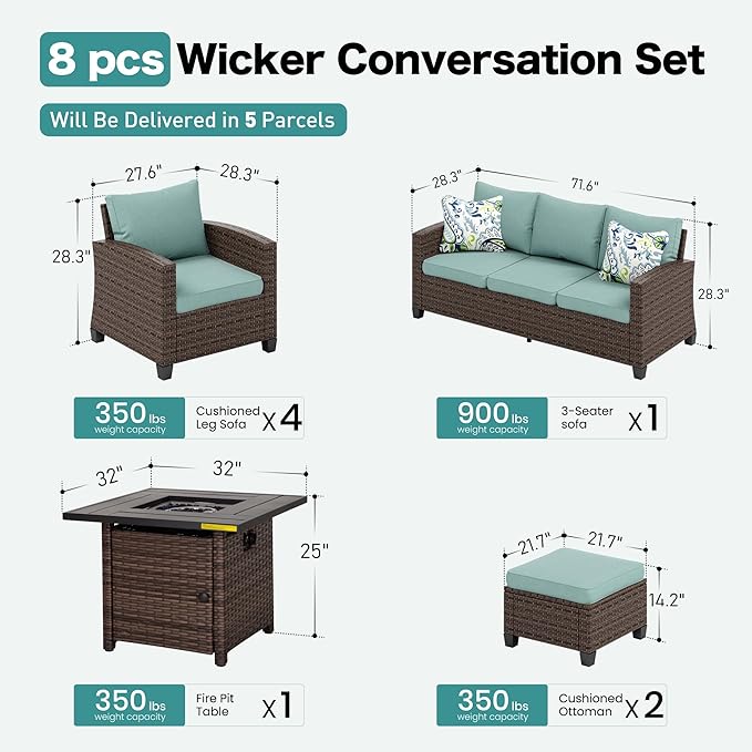 SUNSHINE VALLEY Patio Furniture Set Outdoor Furniture Brown Wicker Rattan Patio Conversation Sets with Cushion Outside Sofa Set,7 Pieces with Firepit Table,9 Seats,Blue