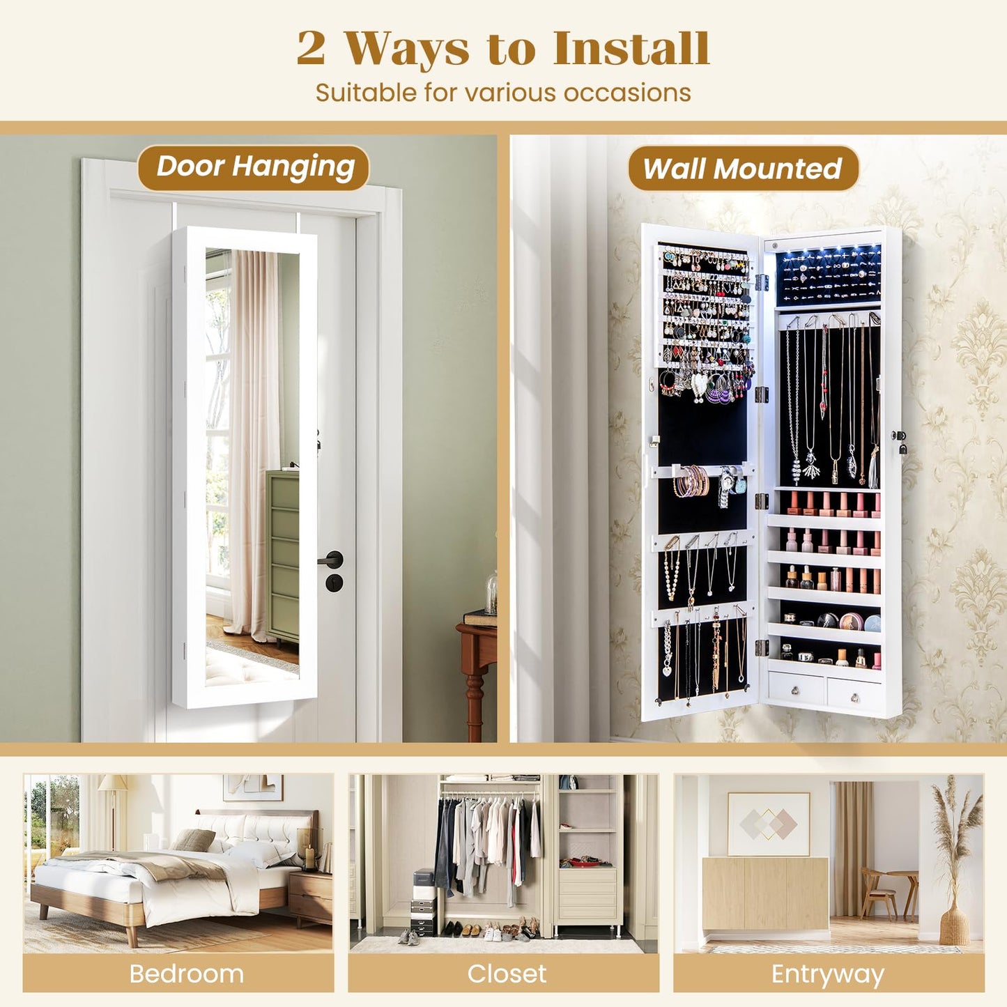 NAFORT 15 LEDs Full Length Mirror Jewelry Cabinet, Jewelry Armoire with Mirror 5 Shelves and 2 Drawers, Door/Wall Mounted Jewelry Mirror with Storage, Over the Door Jewelry Organizer