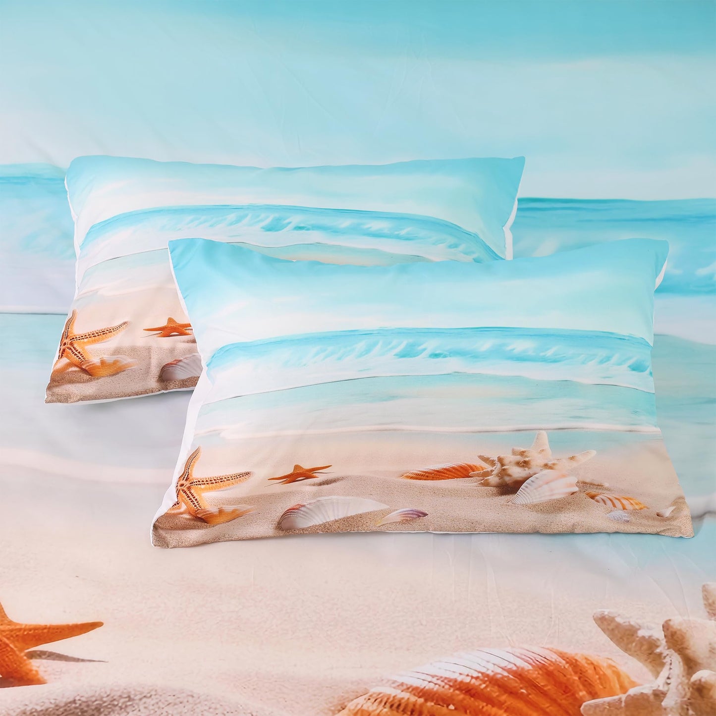 Beach Bed Sheets Set Full Beach Fitted Sheet Blue Coastal Nature Theme Pattern Teal Flat Sheet Girls Women Hawaiian Top Sheet Starfish Sheet Set,1 Flat Sheet 1 Fitted Sheet 2 Pillowcases