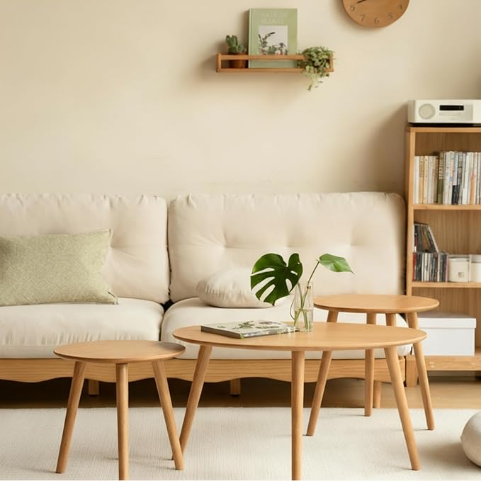 Vadisun Small Oval Nesting Table, Mid Century Coffee Table for Living Room,Solid Oak Wood End Tables,Triangle Tabletop with 3 Legs,Minimalist Display Living Tables (Original Wood Color, 3 Pieces)