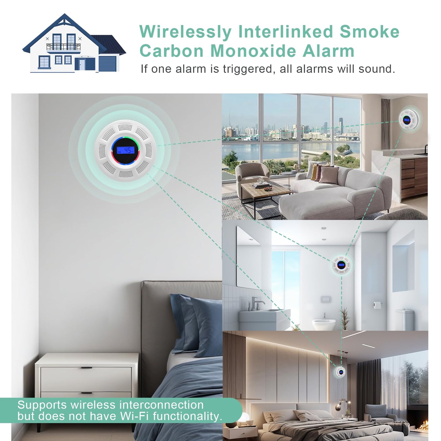 GiiHoo Wireless Interconnected Smoke Carbon Monoxide Detector Battery Powered, Interlinked Combination Smoke and Carbon Monoxide Detector Alarm with Digital Display, Silence Button (White-1)