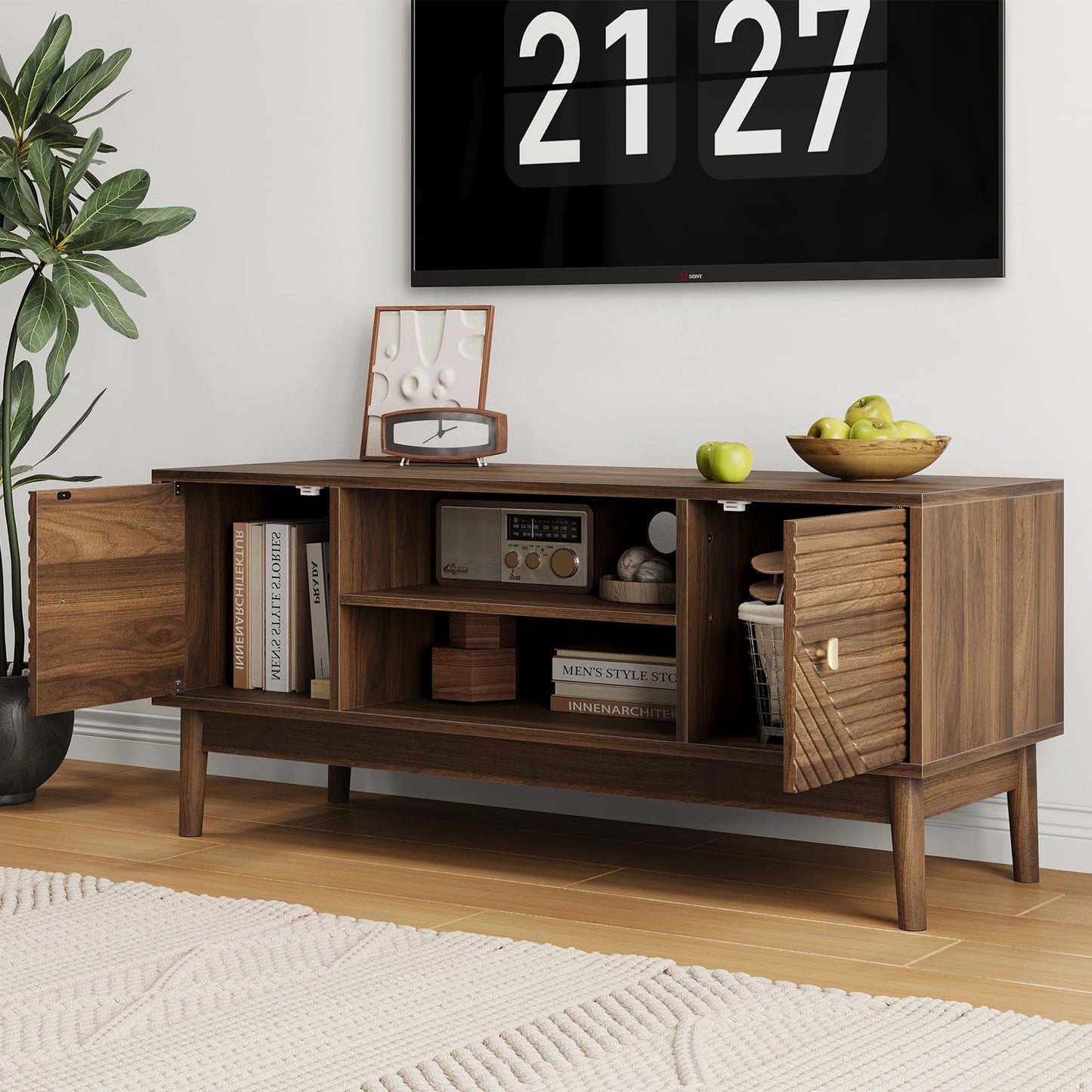 Kiasthome Walnut Mid-Century Modern TV Stand Wood Television Stand for TVs up to 45" Media Console with Storage for Living Room