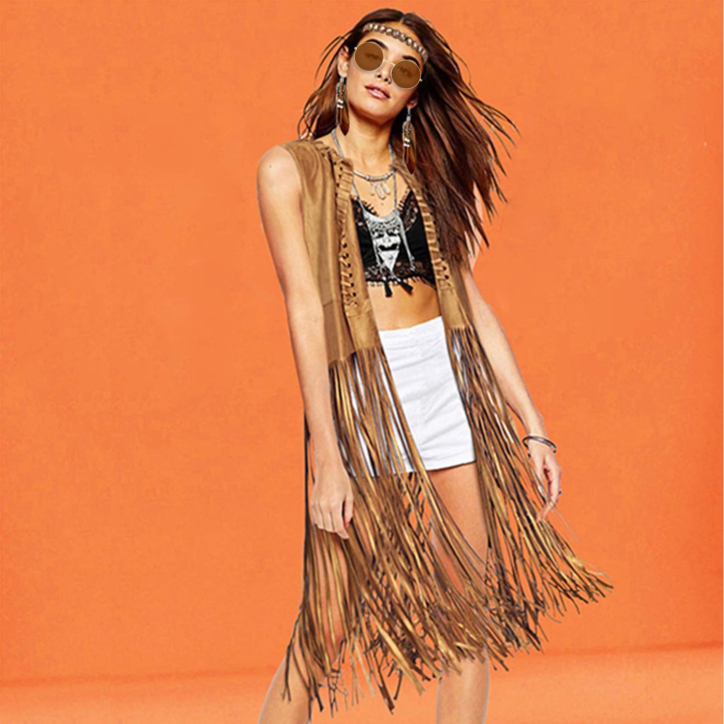 EVISWIY Hippie Costumes Clothes for Women 60s 70s Outfits Women Hippie Vest with Fringe Sleeveless Cardigan Faux Seude Tassels Vest Set (X-Large) Beige