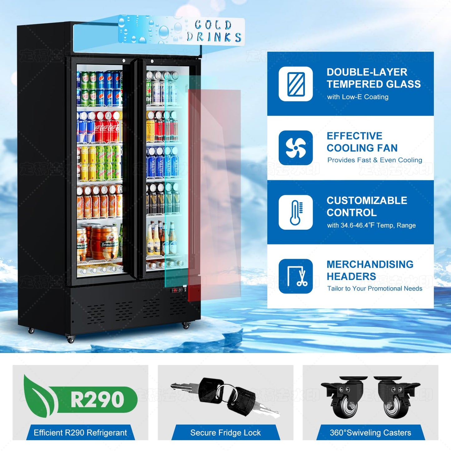 ECEVT 30 Cu.ft. Commercial Beverage Refrigerators Glass Door Refrigerator Upright Display Cooler with Soft LED Light and Adjustable Shelves for Restaurant Grocery Stores Home