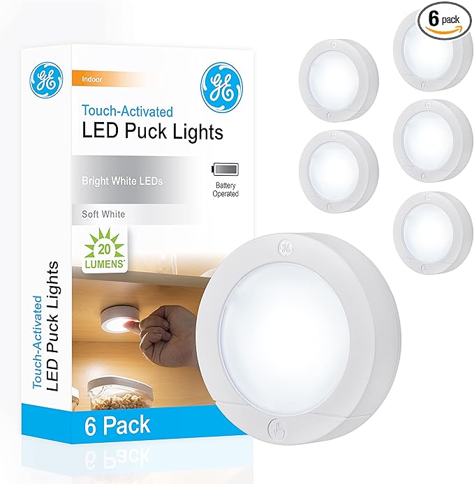 GE Wireless LED Puck Lights, Battery Operated, 20 Lumens, Touch Light, Tap Light, Stick On Lights, Under Cabinet Lighting, Ideal for Kitchen Cabinets, Closets, Garage, 6 Pack, 45994