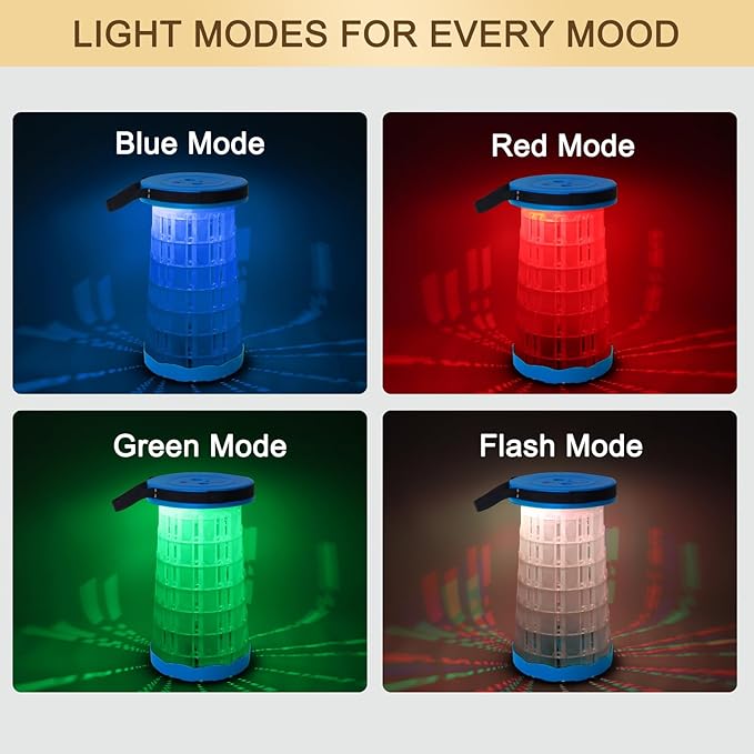 JSSTEM LED Telescoping Camping Stool, Lightweight Collapsible Portable Seat with Built-in Light for Camping, Fishing, BBQ, Hiking & Music Festivals, RGB Flash