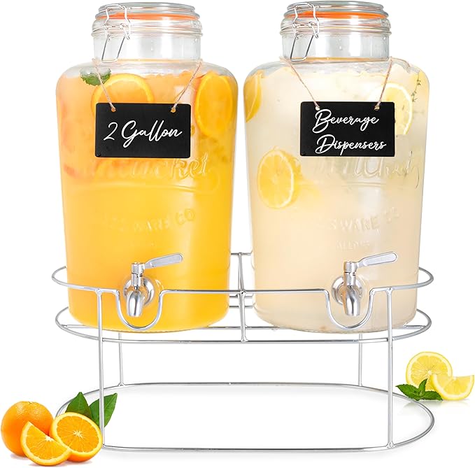 Ilyapa 2 pack 2 Gallon Glass Beverage Dispenser with Stand- Wide Mouth Mason Jar Drink Dispensers with Spigot - Leak Proof...