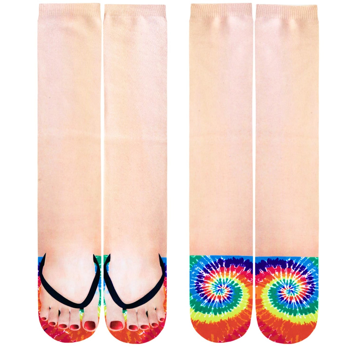 Benefeet Sox Womens Funny Crazy 3D Manicure Flip Flop Print Knee High Socks Novelty Funky Silly Tie Dye Pattern Knee High Stockings for Christmas Halloween Costume Party Cosplay