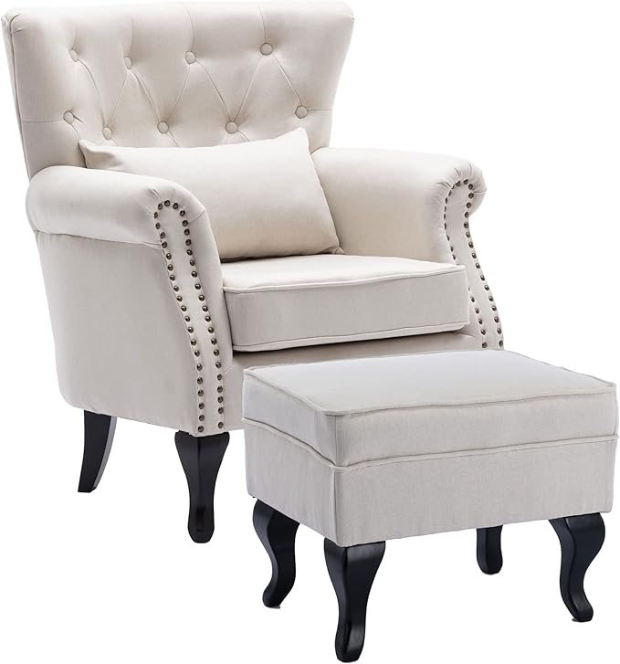 DM Furniture Accent Chair with Ottoman Modern Button Tufted Armchair Wingback Club Chair Linen Fabric Single Sofa Lounge Chair with Pillow for Living Room Bedroom, Beige
