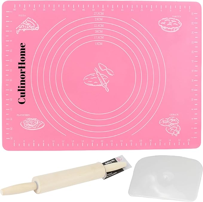 Baking Essentials for Home Bakery, Homesteading Essentials - Silicone Baking Pastry Mat for Rolling Dough and Mini Wooden Rolling Pin/Dough Roller Bundle with Plastic Bench Scraper for Kitchen