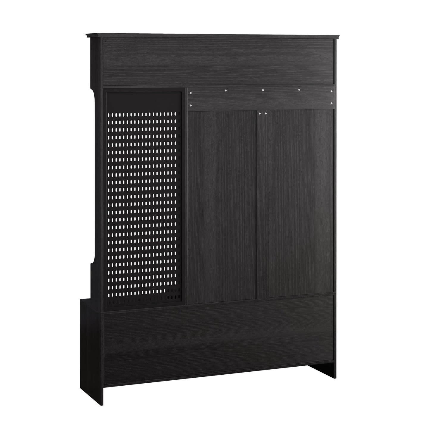 CHUNLY Multi-Purpose Entryway Hall Tree with Removable Linen Cushioned Storage Bench, Shoe Bench with Coat Rack, Storage Shelves, and DIY Pegboard for Entrance, Hallways, Foyer, Porch (Black)