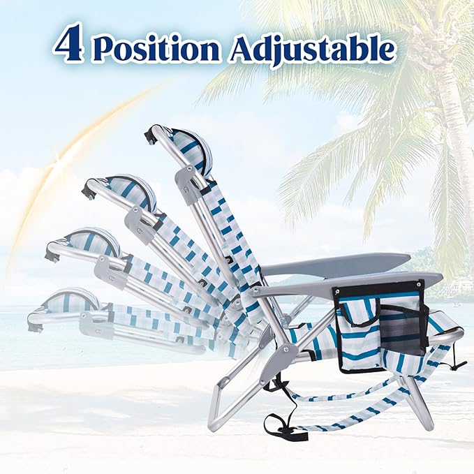 Canpsky Portable Beach Chair for Adults, Outdoor Camping Chair Lay Flat Folding Backpack Beach Reclining Chair with 5 Positions, Headrest, Cup Holder, Heavy White Striped