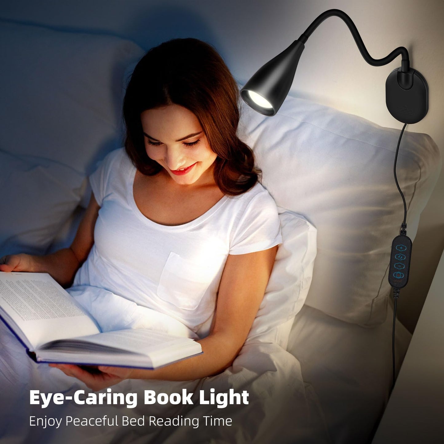 LiFMIRA Wall-Mounted LED Bedside Reading Light with USB Charging Port, 10-Level Dimmable & Adjustable 5 Color, Plug-in Adhesive Night Lamp for Books in Bed, Eye-Caring Bedroom Lighting (Black 2 Pack)