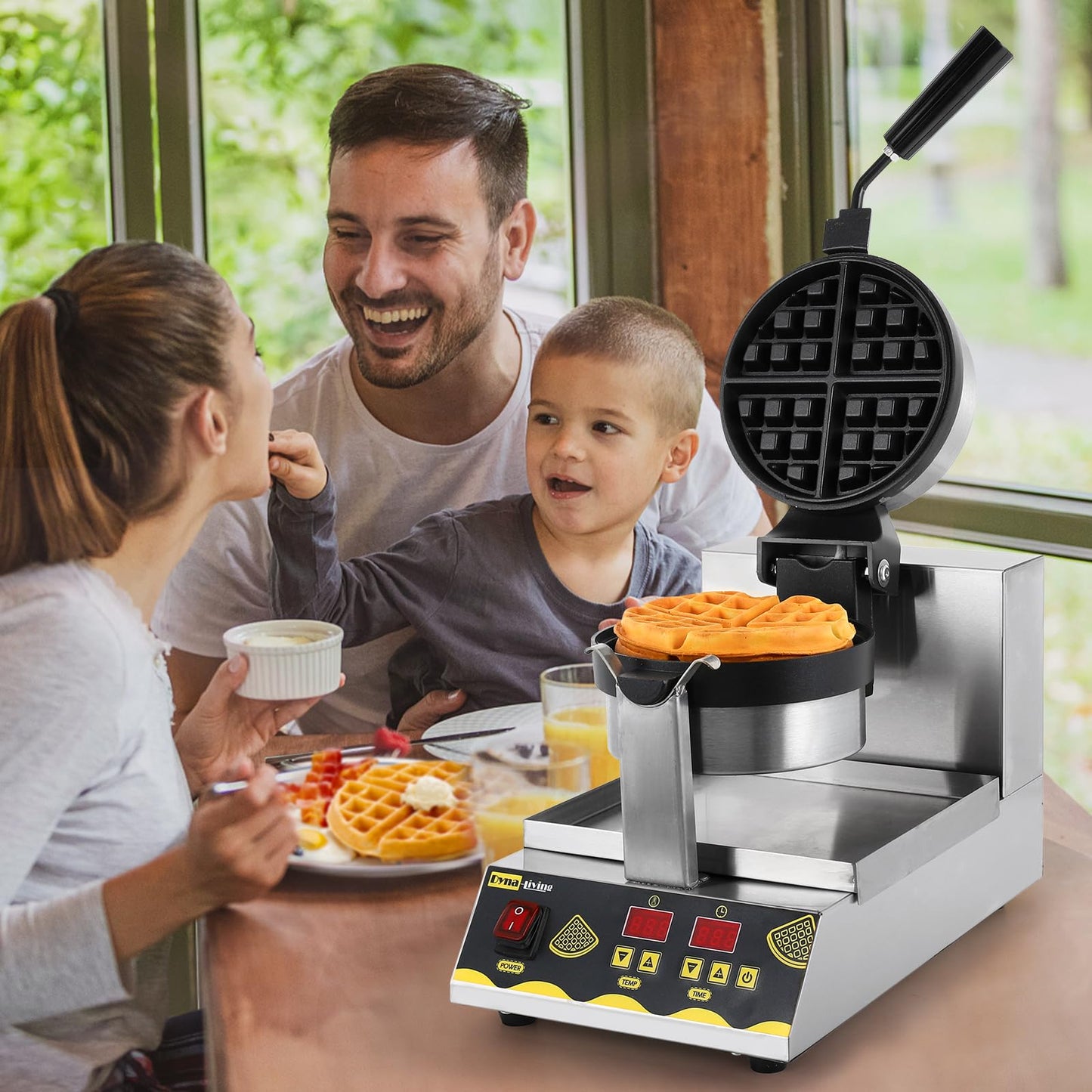 Dyna-Living Belgian Waffle Maker Commercial Intelligent Round Waffle Maker Rotating 180° Nonstick Flip Waffle Iron Machine Professional Commercial Waffle Maker for Restaurant 110V 1200W