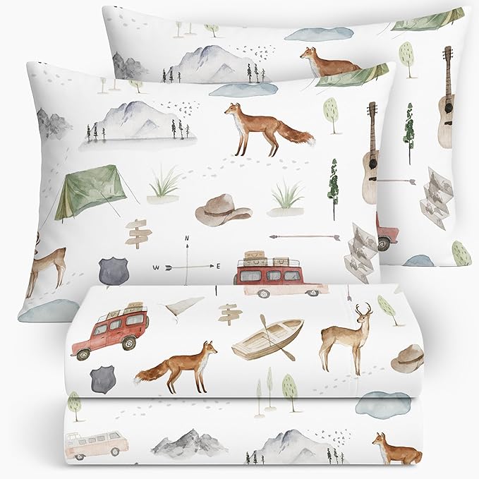 Pobibaby Premium Full Bed Sheet Set – Kids Double Bed Sheets in Cotton Blend | Ultra-Soft Woodland Camping Print with Fitt...