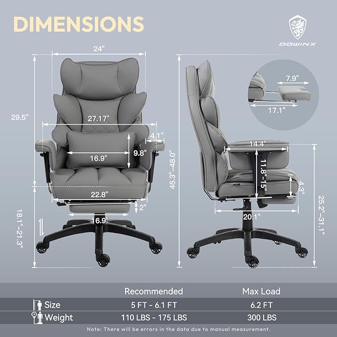 Dowinx Big and Tall Office Chair with Pocket Spring Cushion,High Back Computer Gaming Chairs with Adjustable Armrests and Lumbar Support,Executive Desk Chairs with Footrest(PU Leather,Grey)