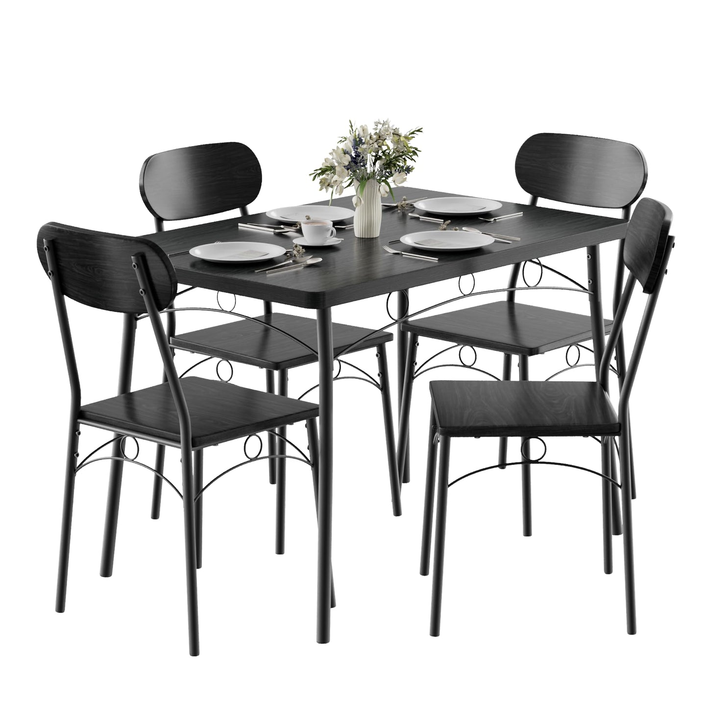 VECELO Dining Table Set for 4, 5-Piece Kitchen Table with 4 Chairs, MDF Board Tabletop with Metal Frame for Small Space, Compact Dinette, Breakfast Nook, Black