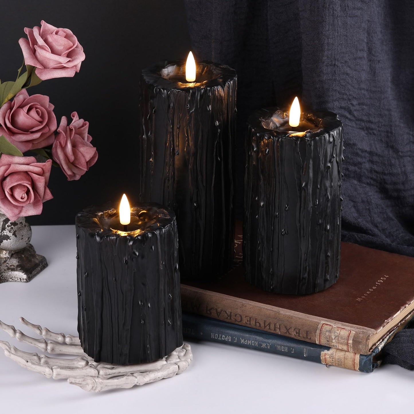 Eywamage Black Dripping Wax Flameless Pillar Candles with Remote, Flickering Halloween LED Candles Battery Operated Set of 3
